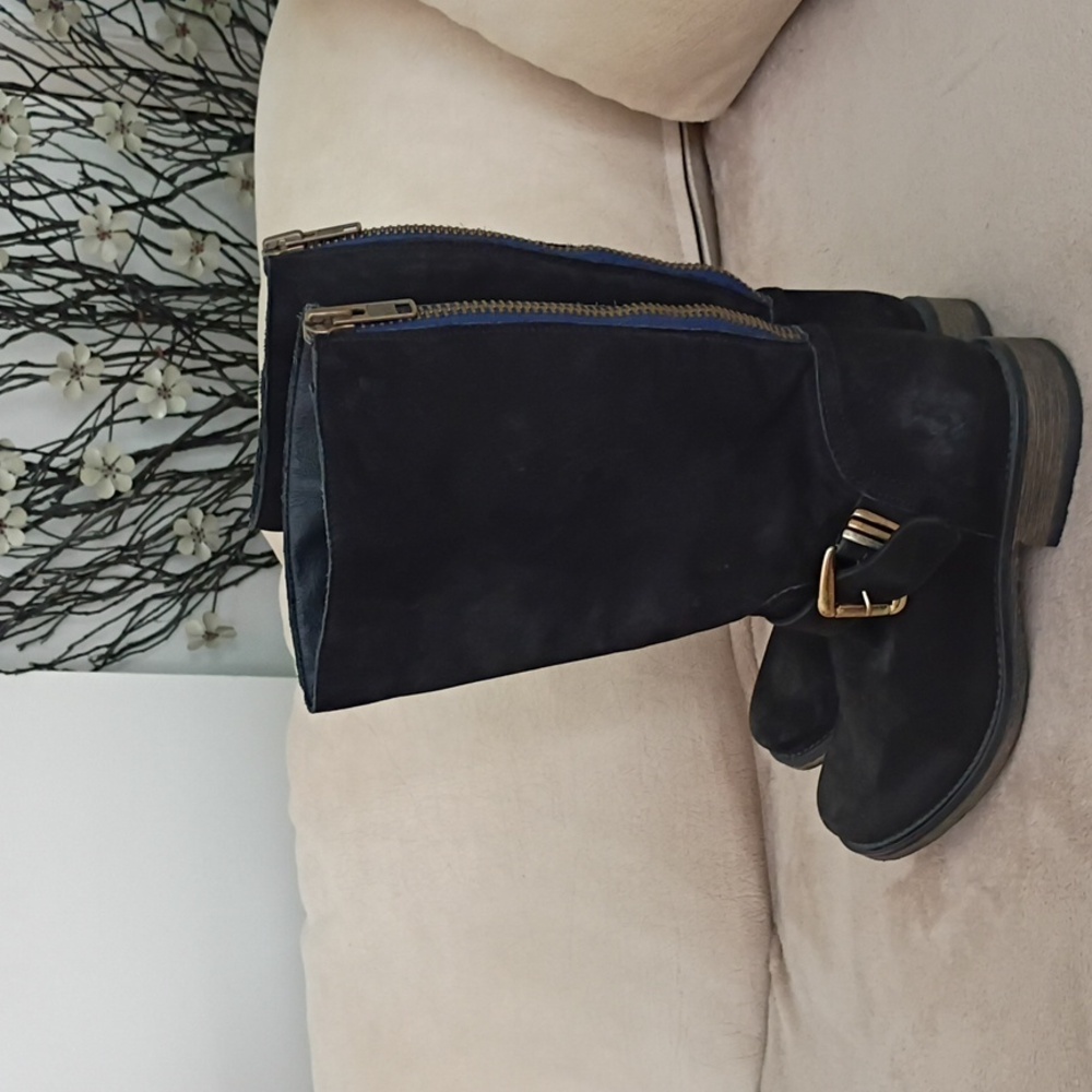 Steve Madden Black Moto Boots with Gold Buckle